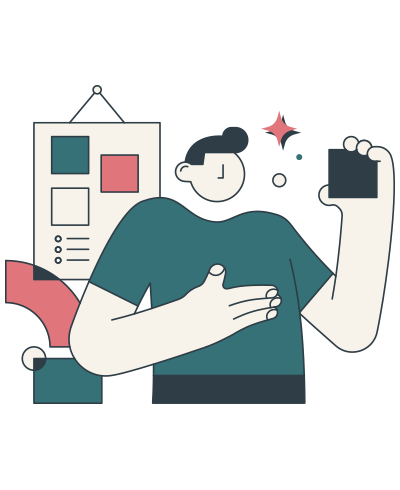 Representación no realista de una persona con un cuadrado en la mano. En segundo plano hay una pizarra que contiene más cuadrados.