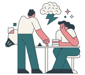 Representación no realista de dos personas que conversan y resuelven un enigma.