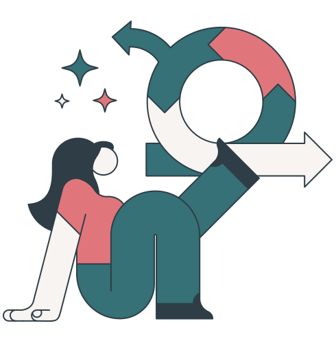 Representación no realista de una persona sentada sobre el suelo.