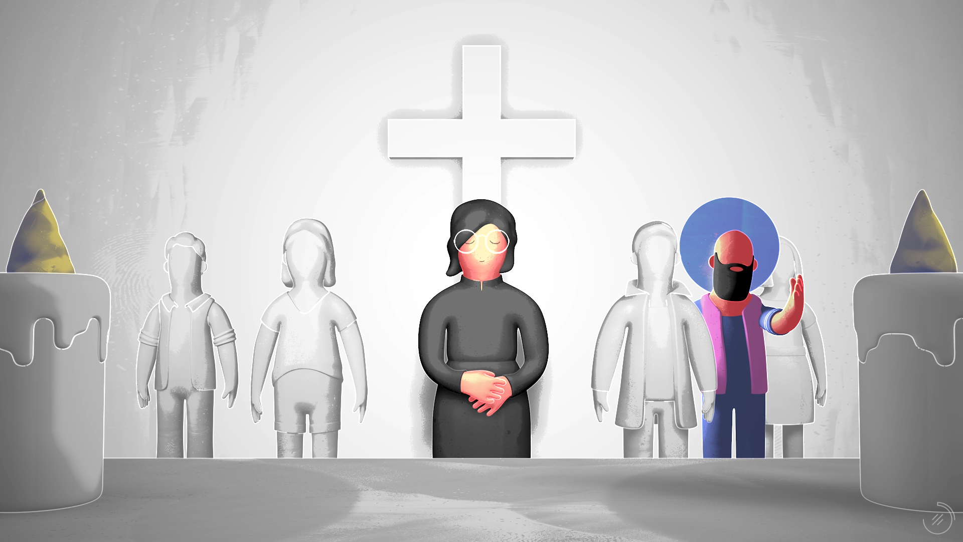 Un fotograma del vídeo. Varias personas en actitud de oración y Jesús está entre ellas.