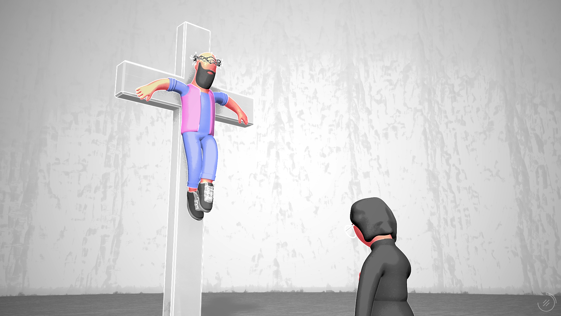 Un fotograma del vídeo. Una mujer orando frente a Jesús crucificado.