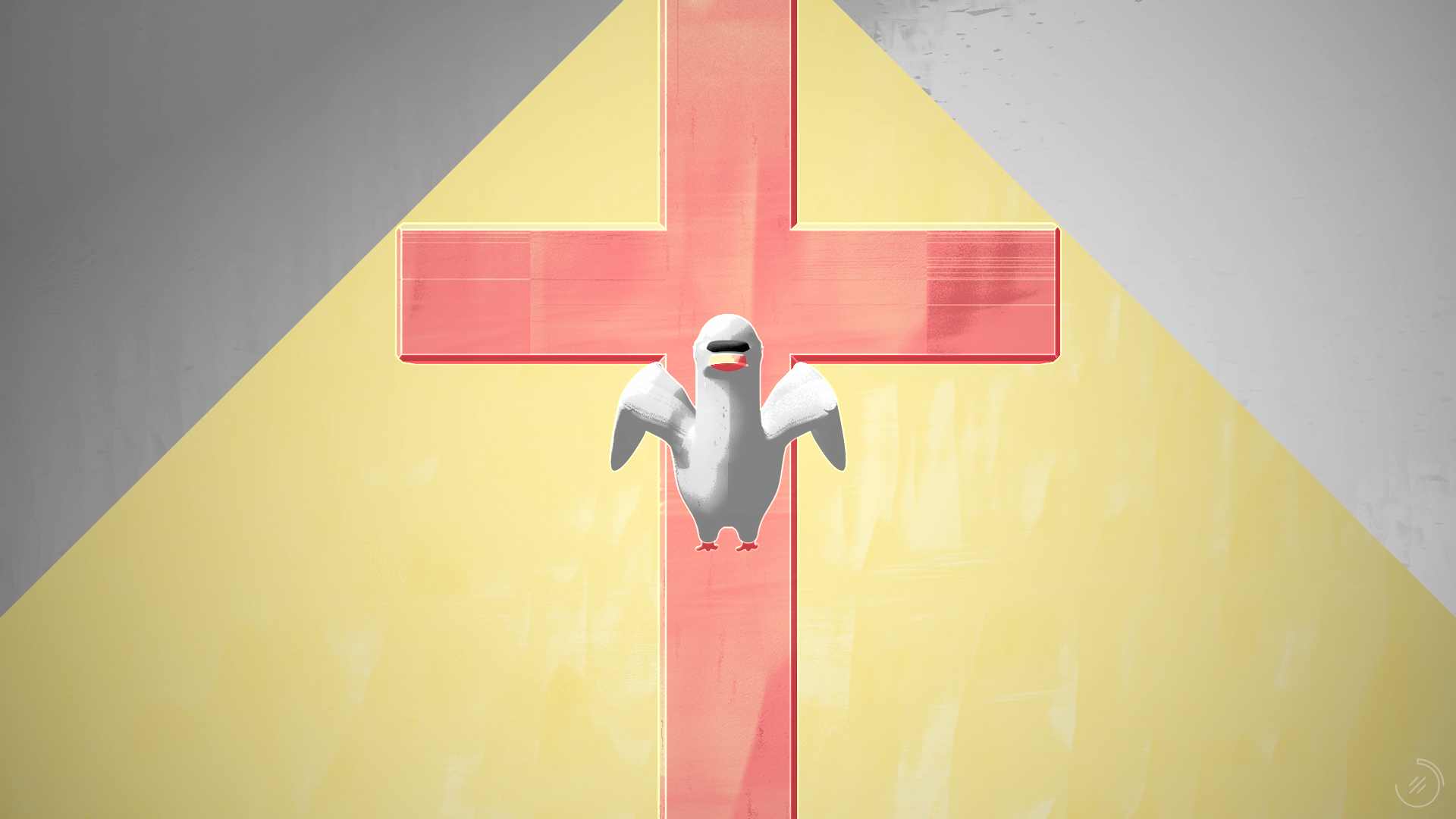 Un fotograma del vídeo. Una paloma se dirige hacia la cámara. Al fondo, una cruz y un triángulo.