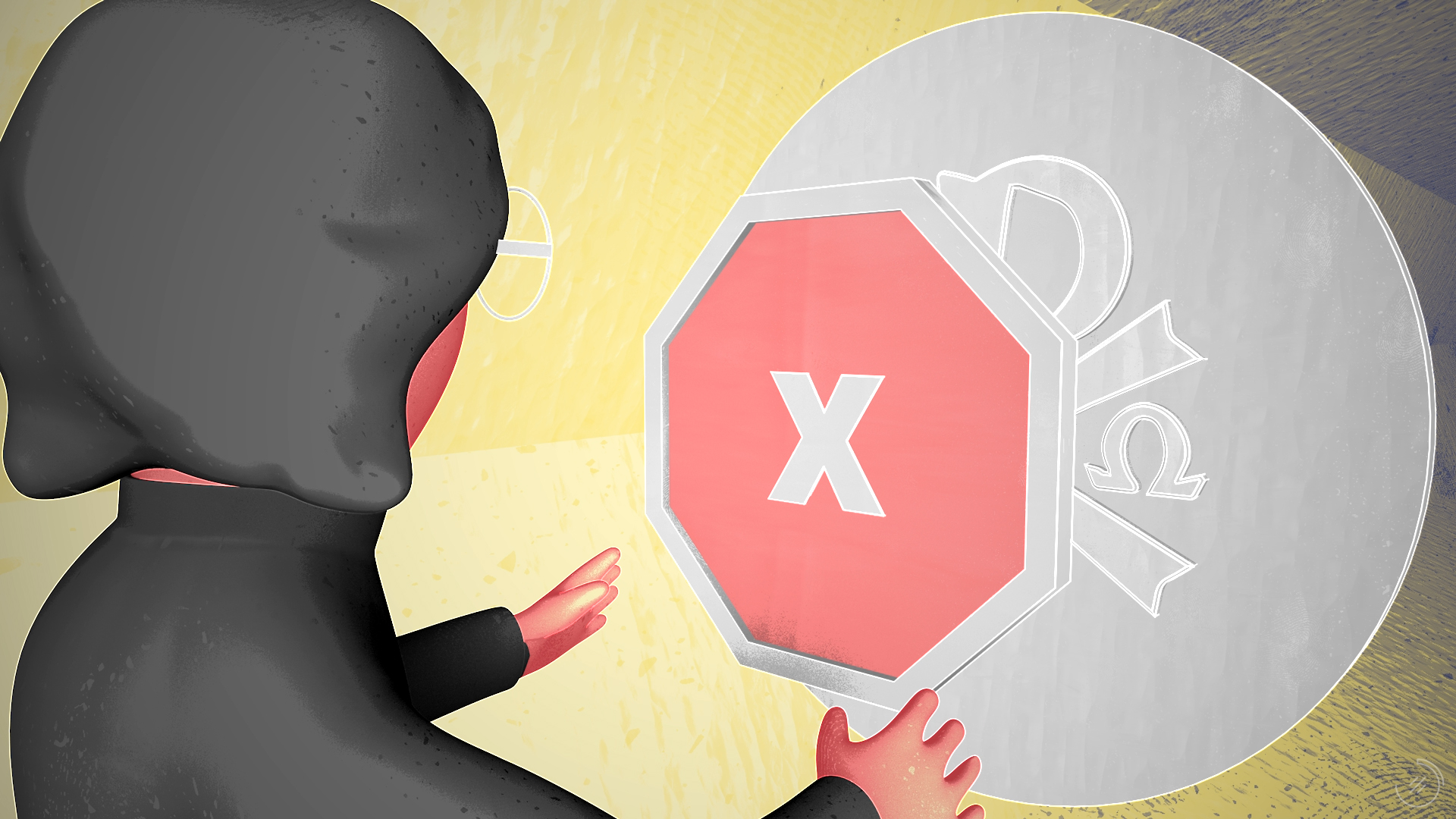 Un fotograma del vídeo. Una mujer frente a una Forma. No puede acceder a ella porque hay una señal de STOP.