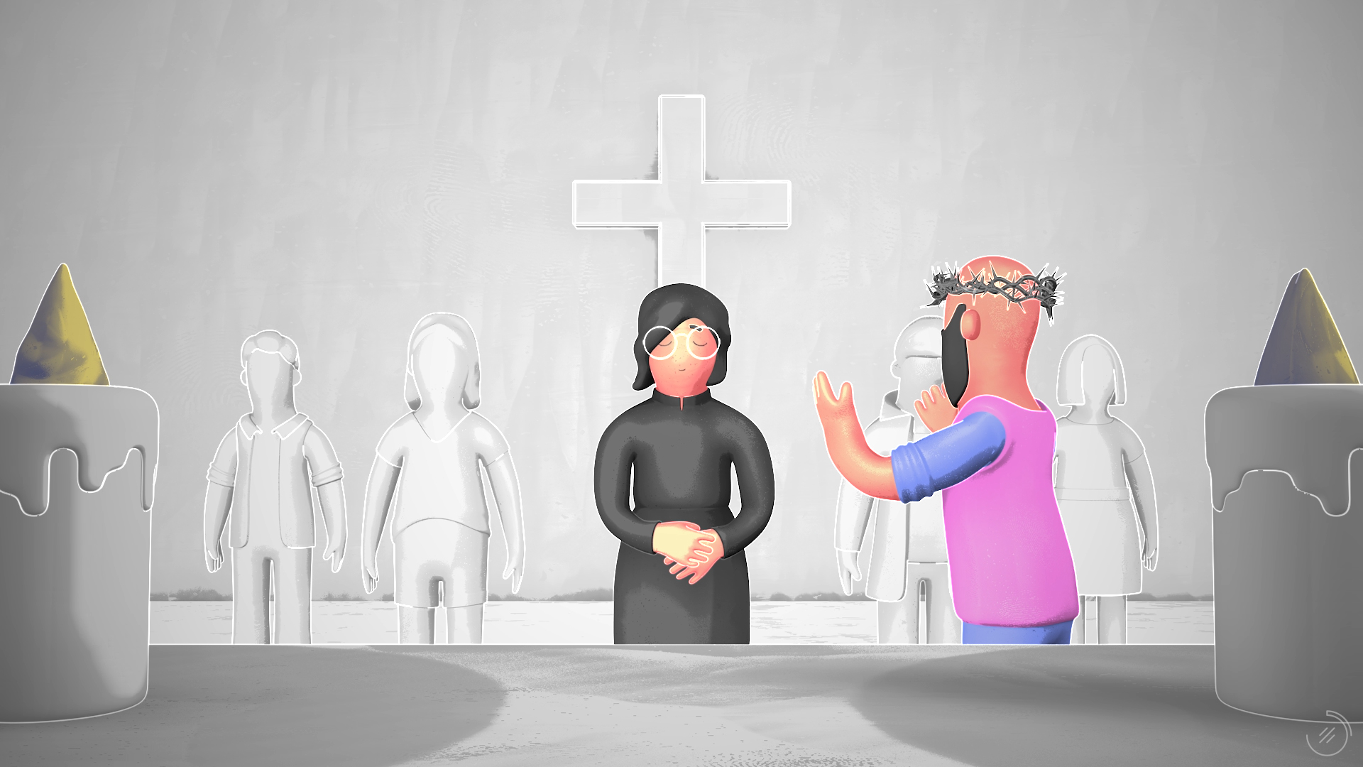 Un fotograma del vídeo. Varias personas en actitud de oración y Jesús en medio de ellas.