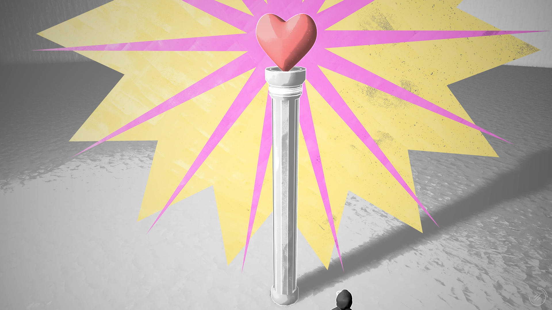 Un fotograma del vídeo. Una mujer observa una columna. En lo alto hay un corazón.